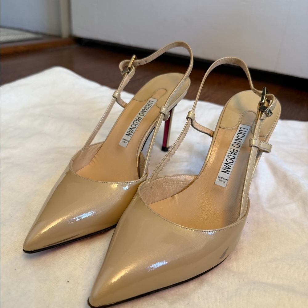 Luciano Padovan Nude Patent Slingback Pointed Toe Heels